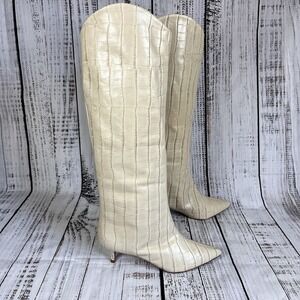 Schutz Women's 6B Maryana Lo Crocodile Embossed Leather Tall Boot Cream White